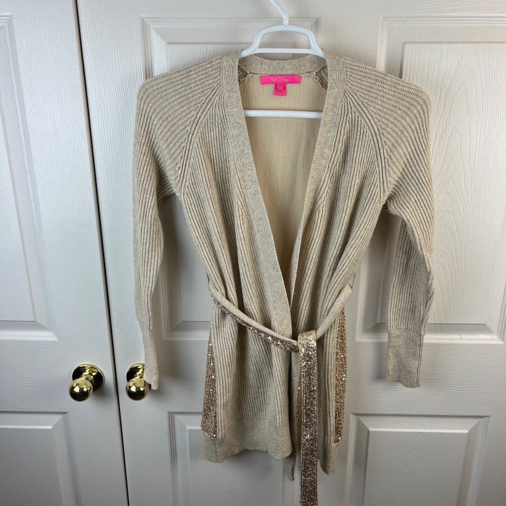 Lilly Pulitzer Audriella Sequin Belted Tie Sweater Beige